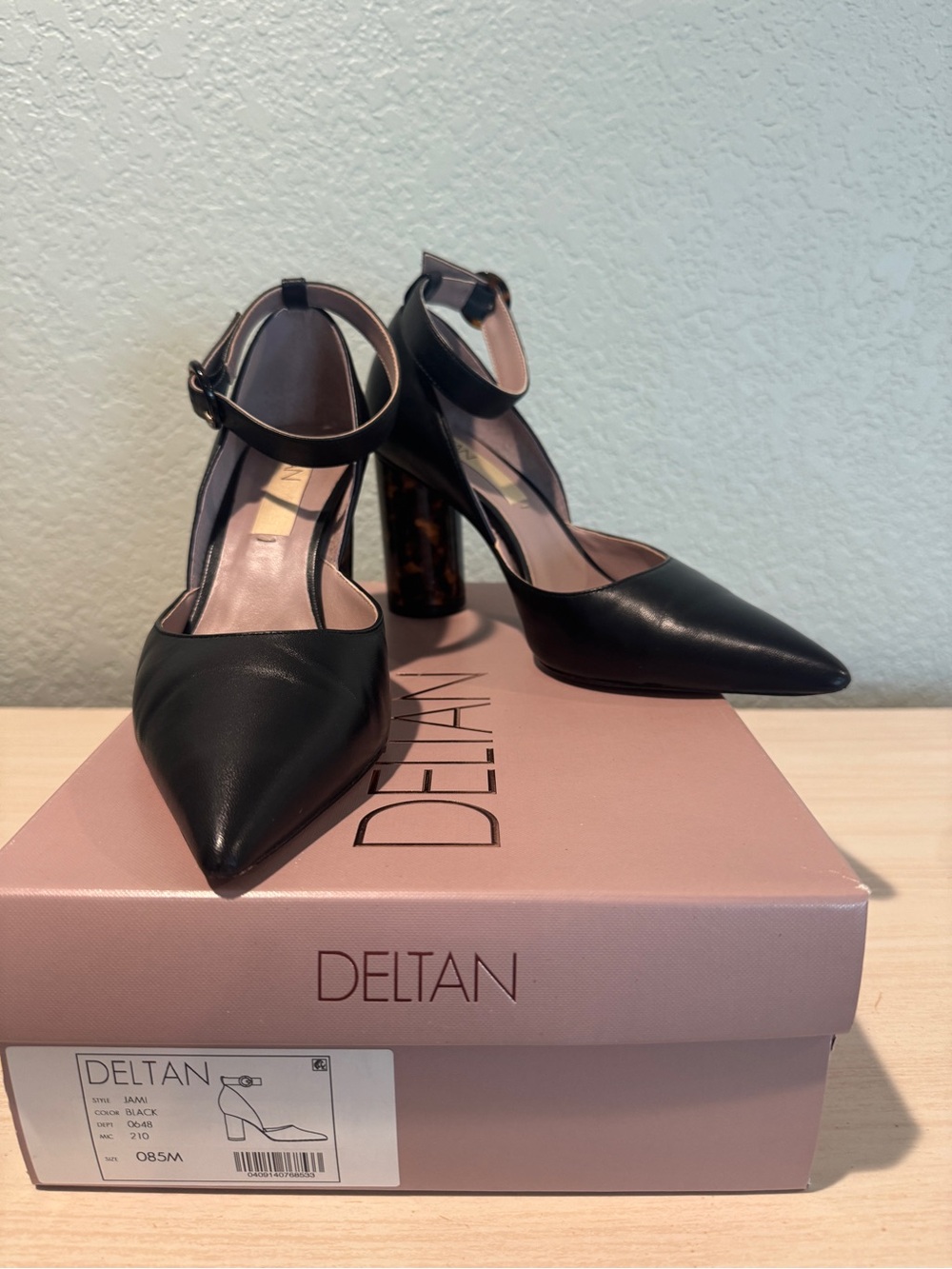 Delta Black Pointed Ankle-Strap Pumps with Tortoiseshell Block Heel